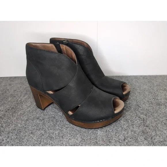 Dansko Delphina Bootie Sz 9 US / 39 Peep-Toe Platform Leather Black Suede Heels - Picture 1 of 9